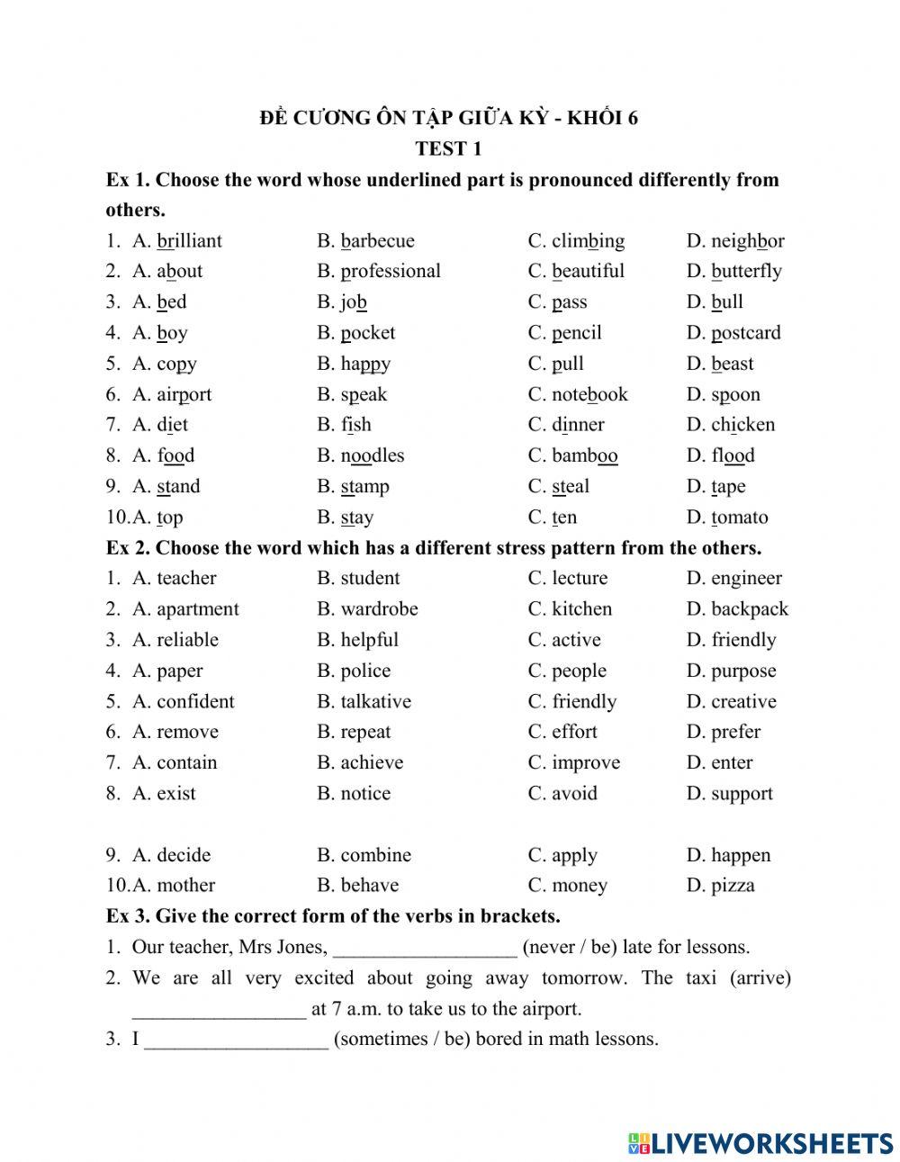 Đề cương khối 6 - test 1