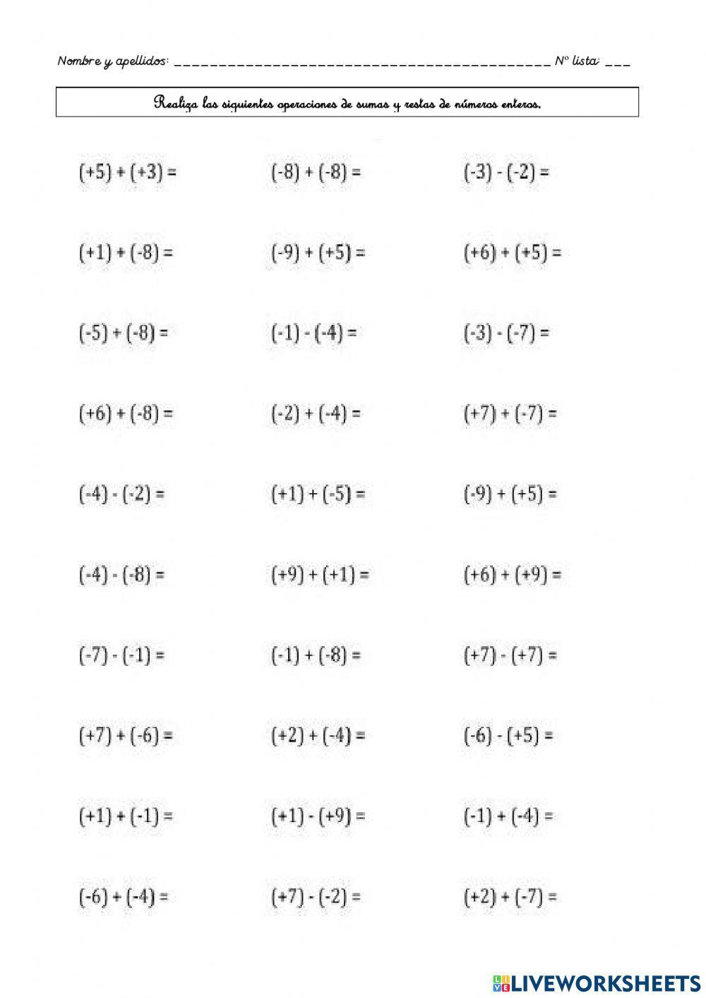 Sumas y restas números enteros