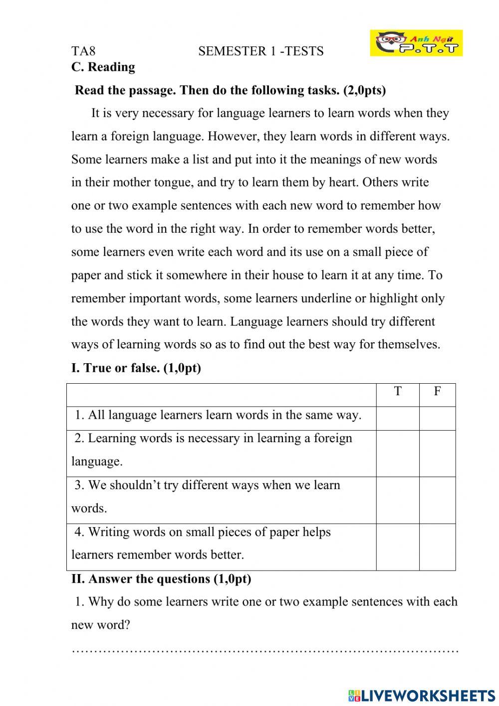Ta8 semester 1- test 1