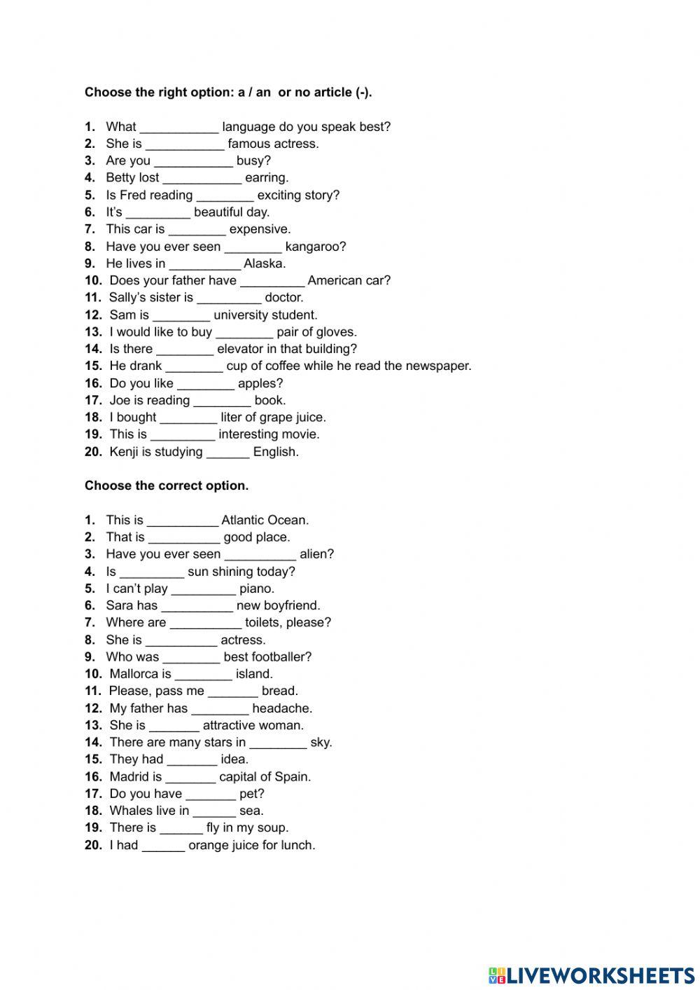 Artciles: a -an-the -no article