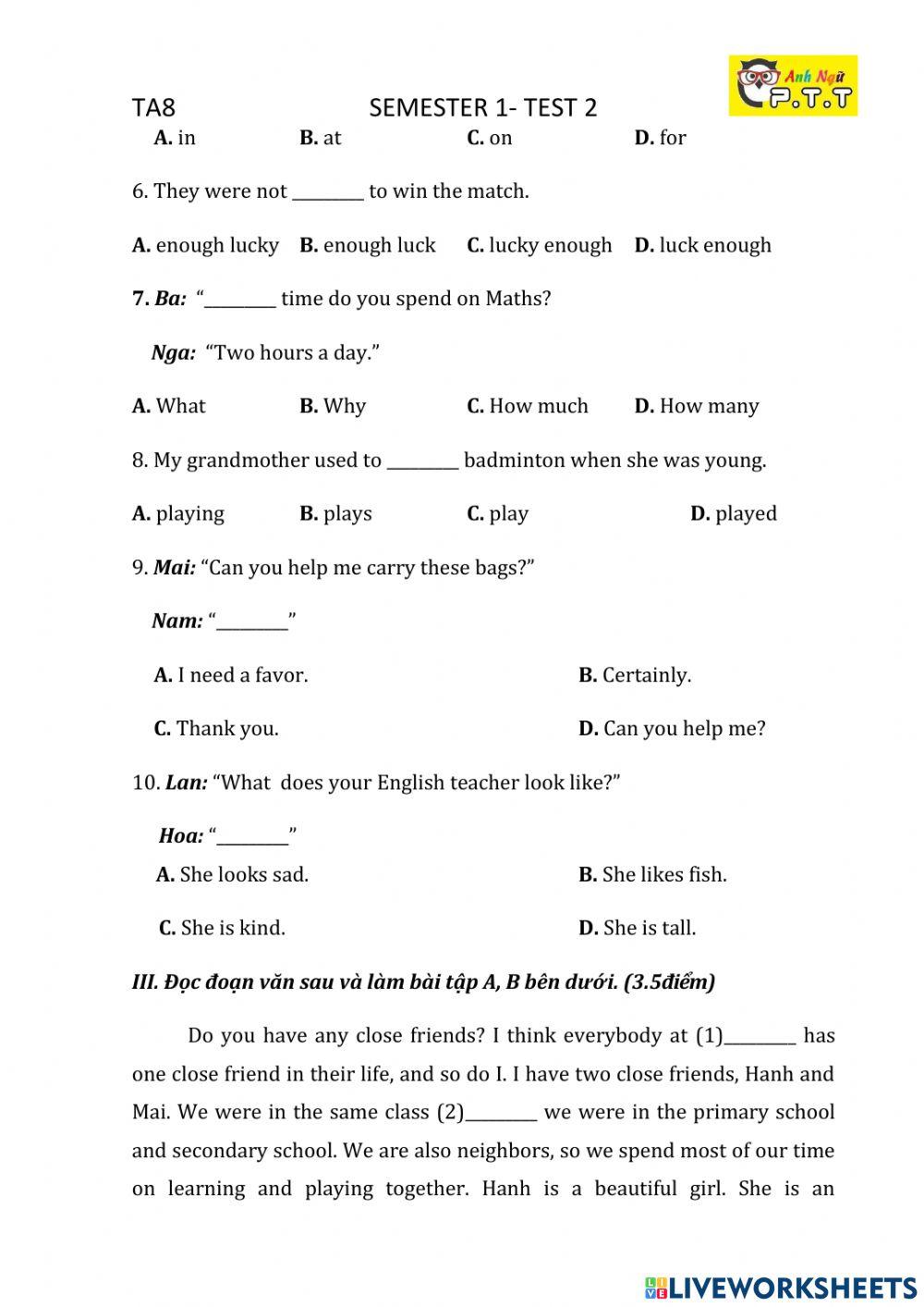 Ta8 semester 1- test 2