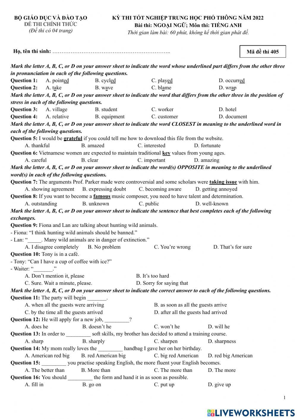 Tiếng anh 12 - đề 405 năm 2022