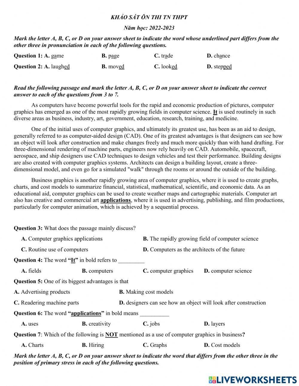Khảo sát ôn thi TN THPT 2023 lần 1