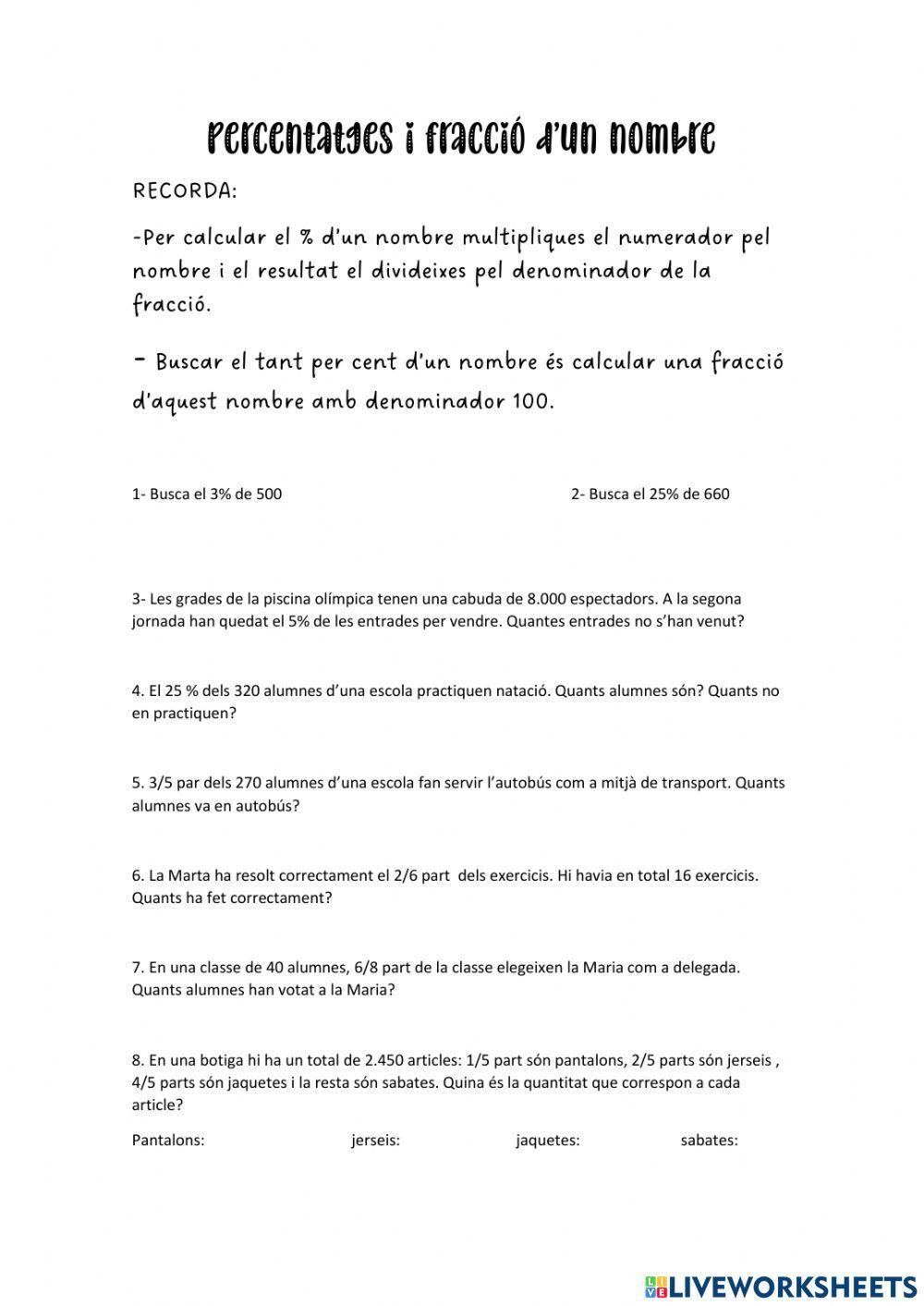 Percentatges i fracció d'un nombre