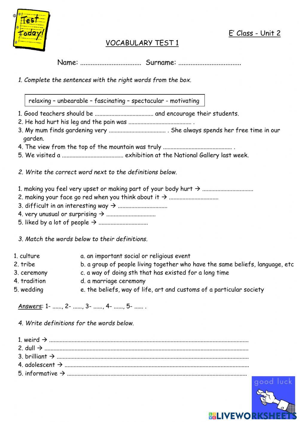 Cosmic B1+ Unti 2 Vocabulary Test 2.1