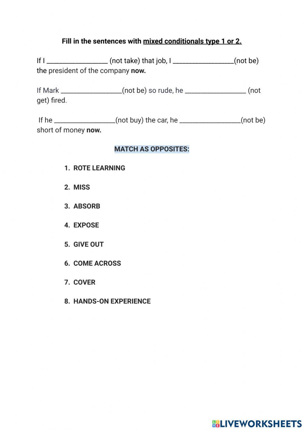 MIXED CONDITIONALS AND VOCABULARY TEST