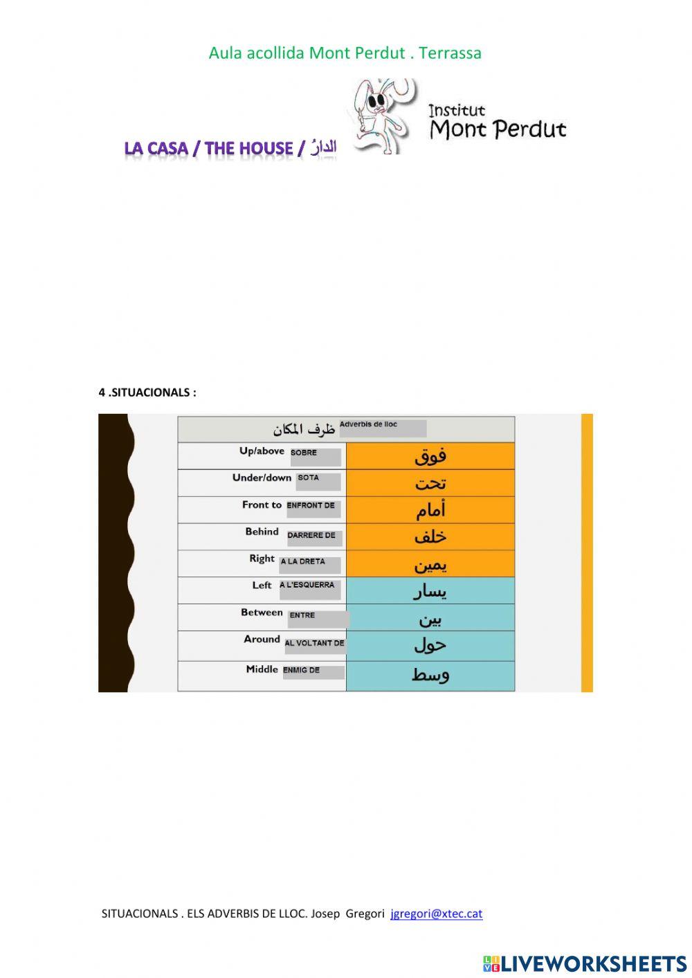 La casa . Vocabulari i exercicis sobre els situacionals.
