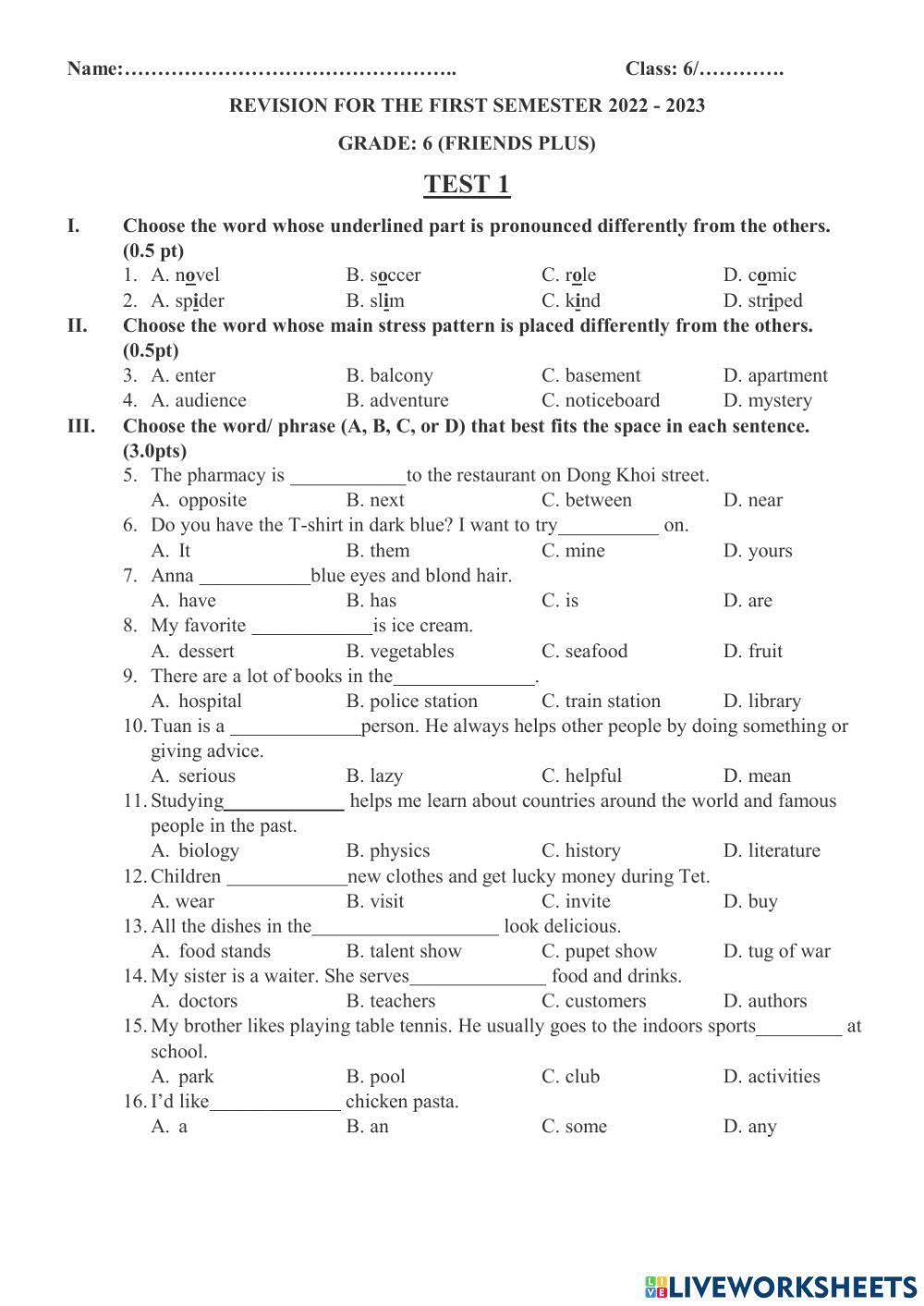 Revision for the first semester - Test 1 - grade 6