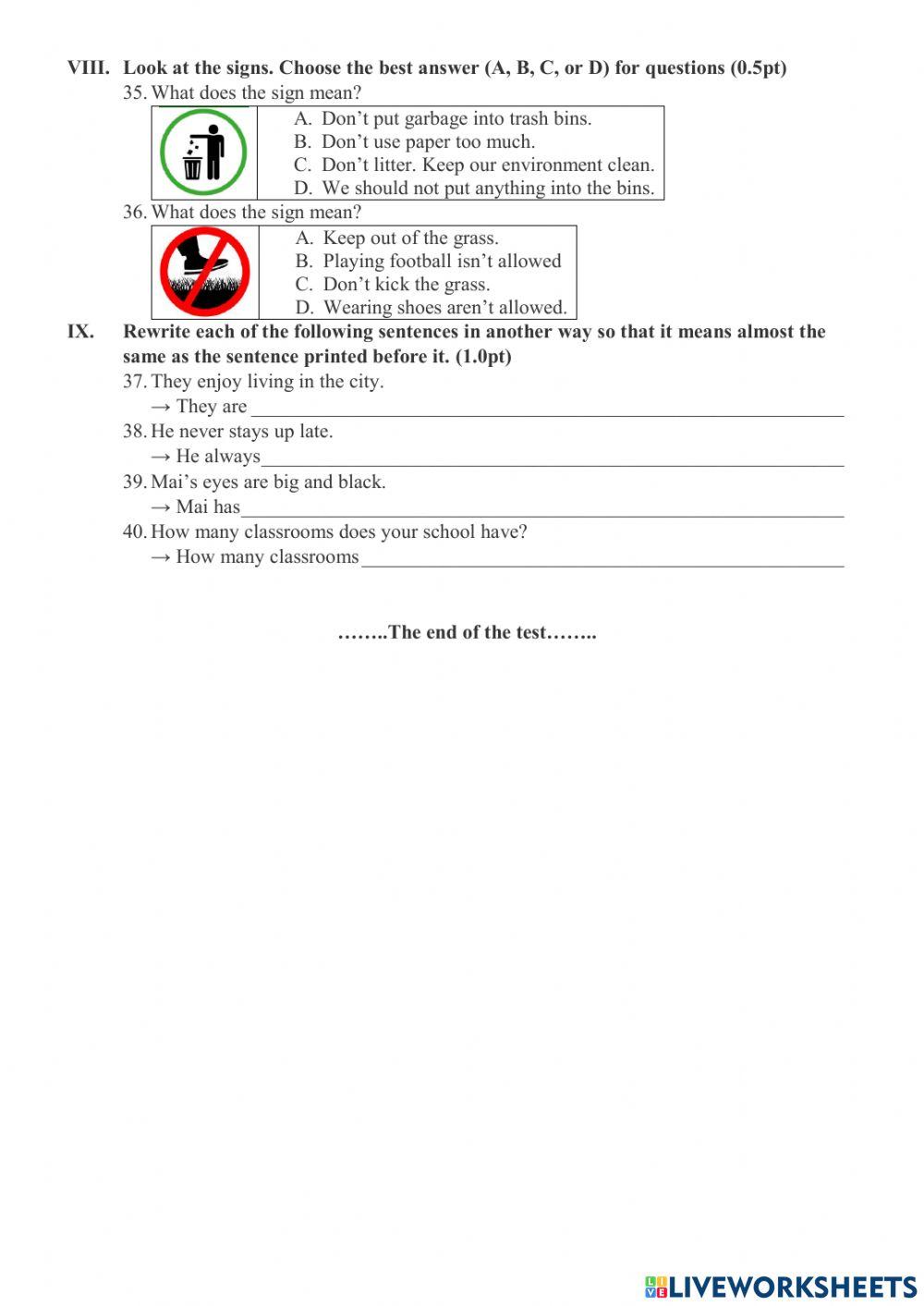 Revision for the first semester - Test 1 - grade 6