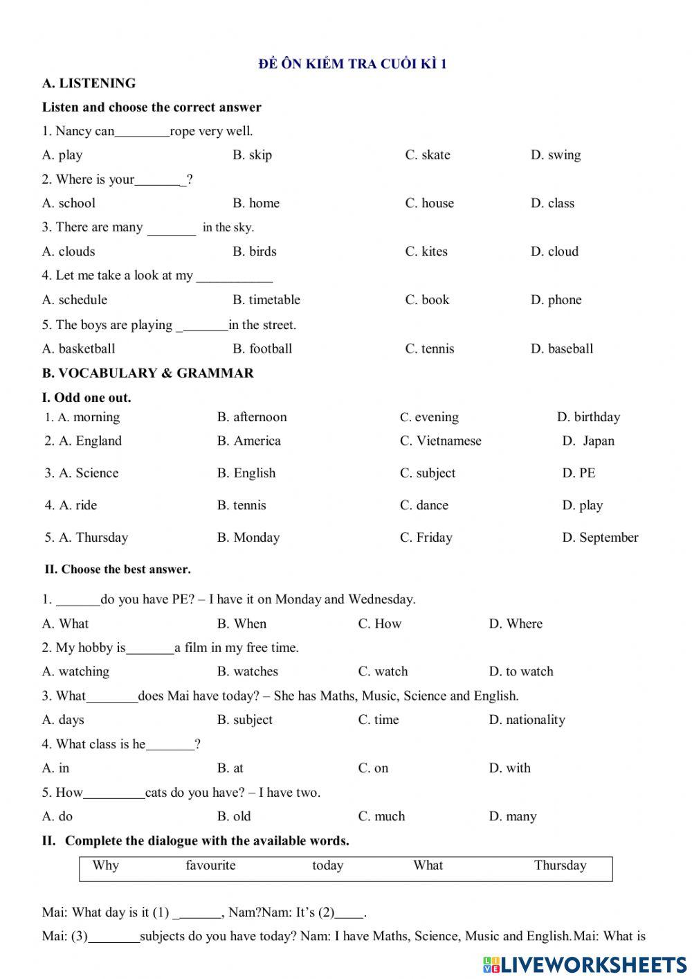 Đề ôn kiểm tra cuối kì 1 lớp 4