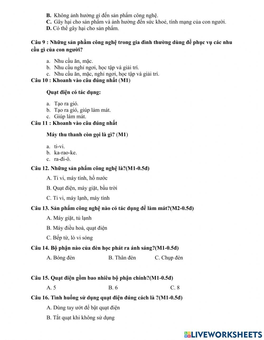 Ôn tập hk1 công nghệ