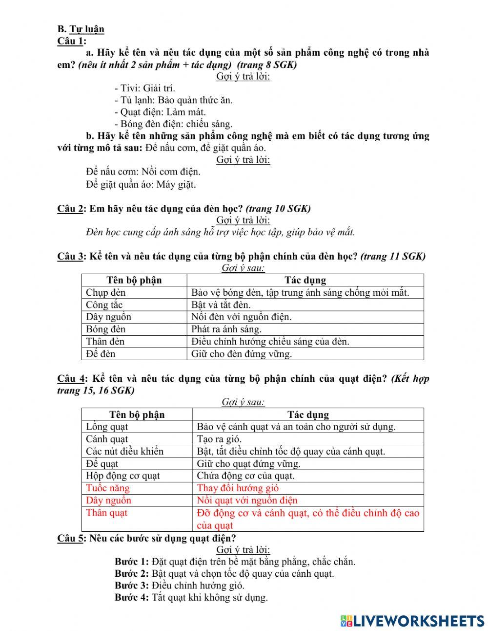 Ôn tập hk1 công nghệ