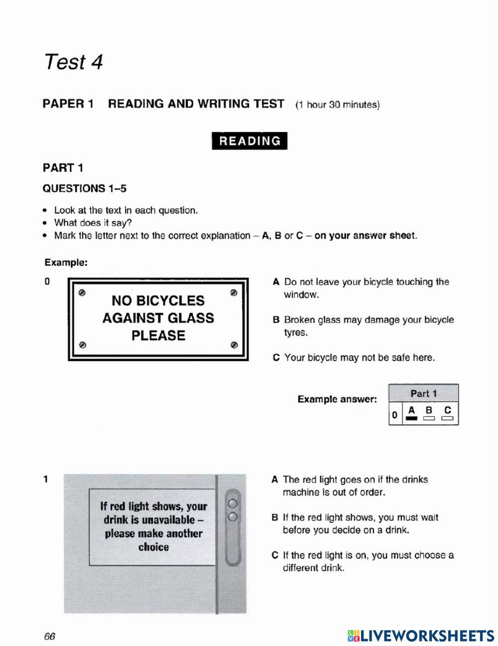 Reading test online exercise for pet | Live Worksheets