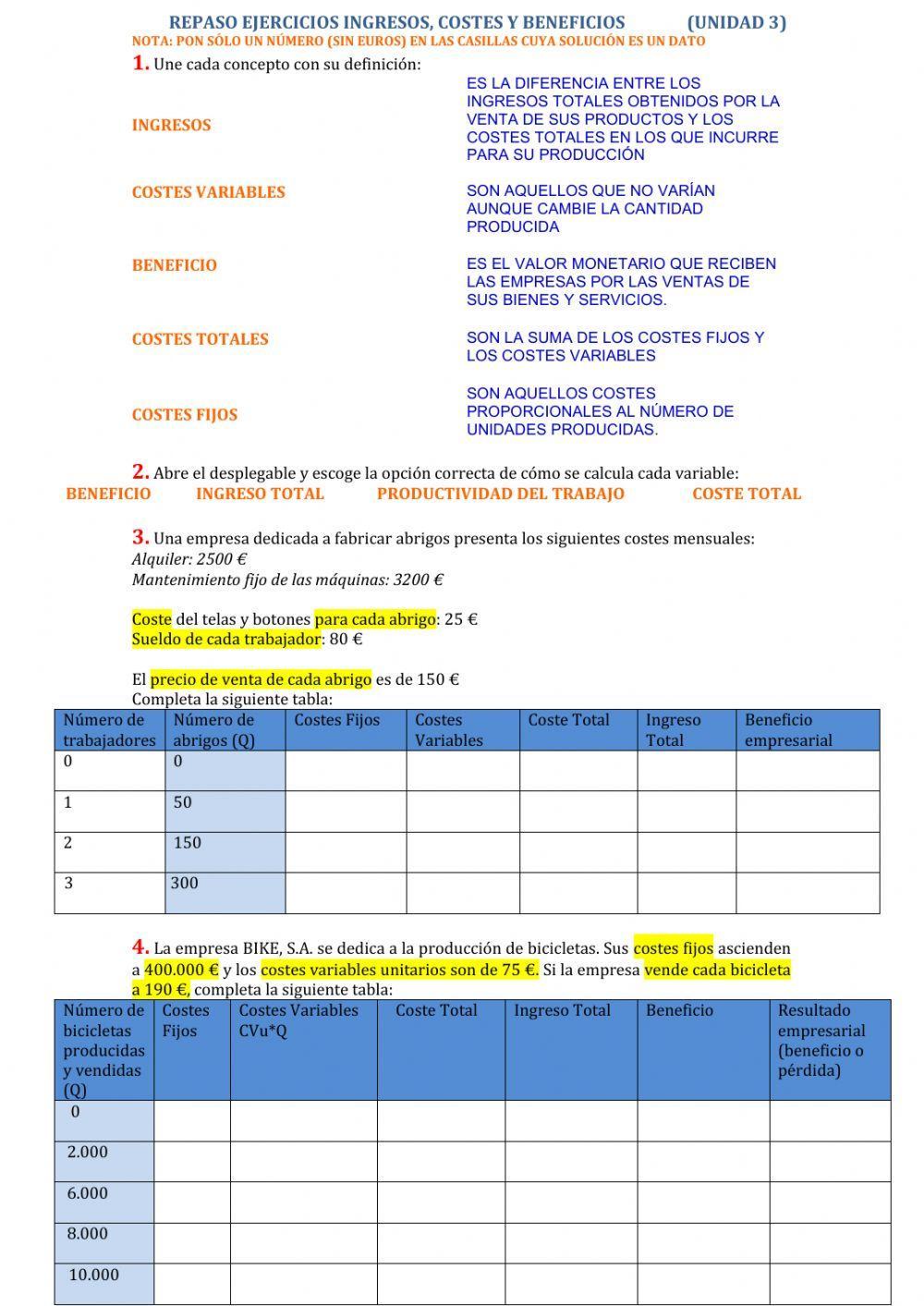 EJERCICIOS INGRESOS, COSTES Y BENEFICIOS