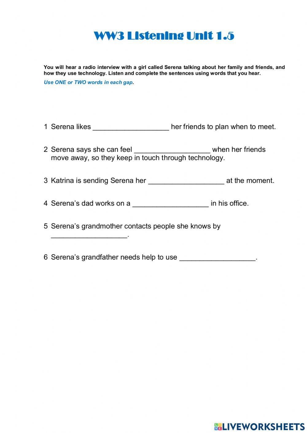 WW3 Unit 1.5 Listening