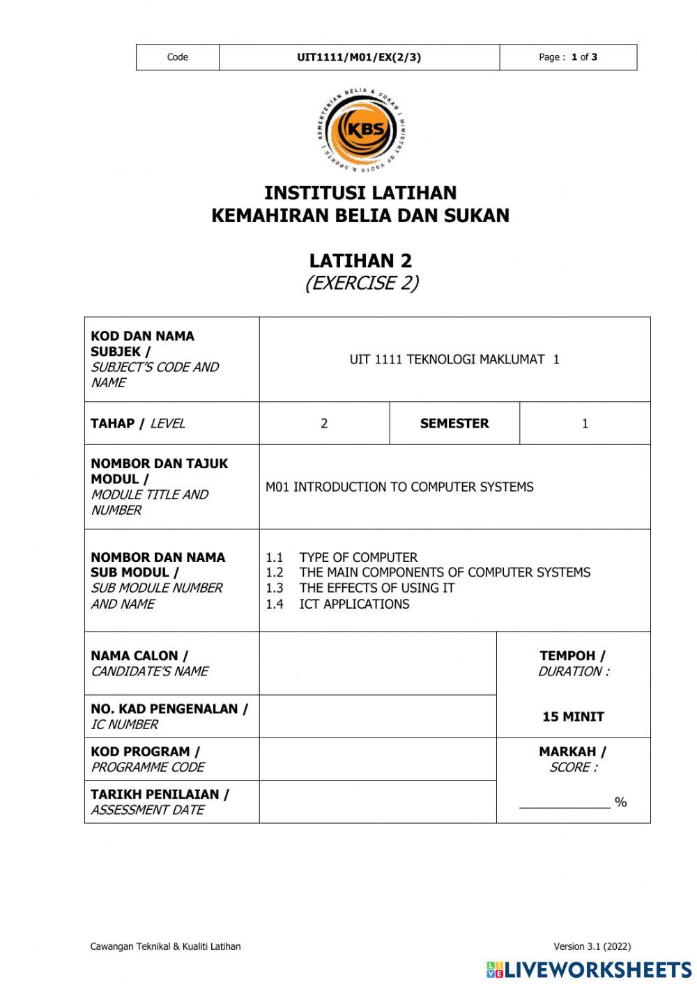 Module 1 introduction to computer systems exercise 2 worksheet live