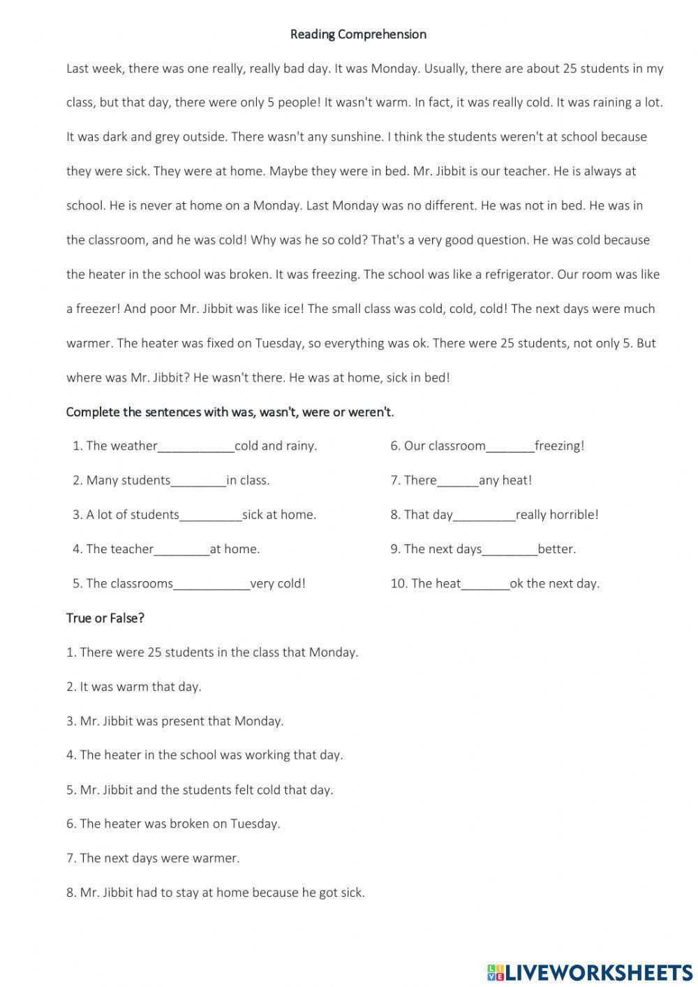 Was were reading comprehension Was were reading comprehension