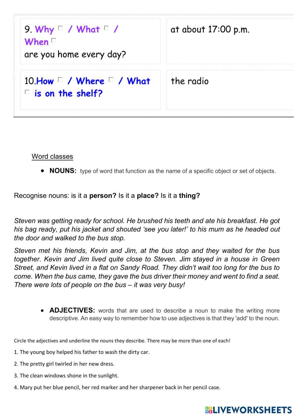 Question words, word classes, talking about your job + exercises