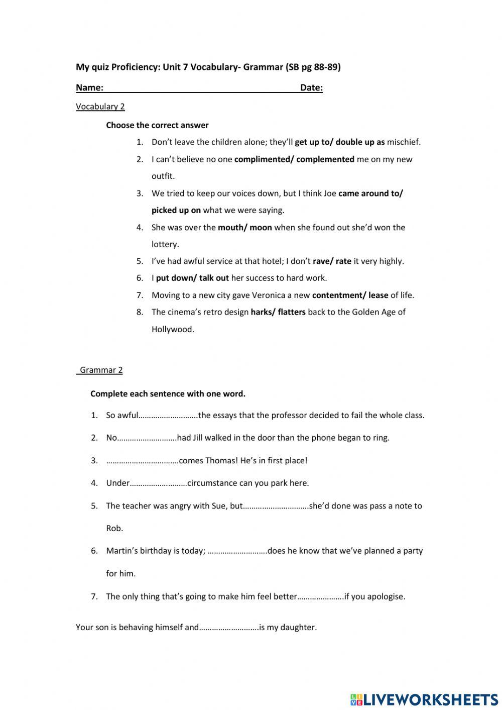 My quiz Proficiency: Unit 7 Vocabulary- Grammar