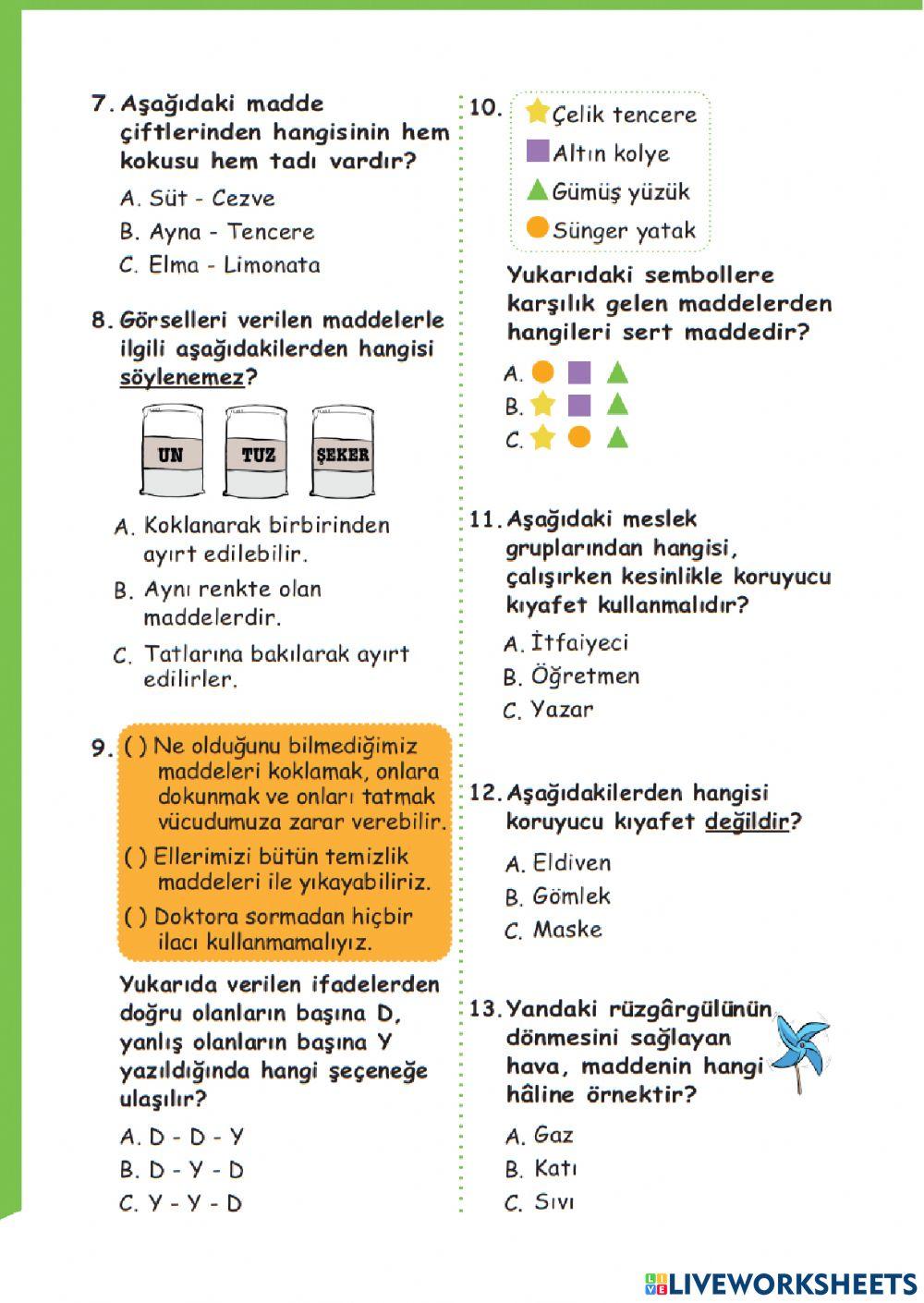 Fen Bilimleri 4. Ünite-Maddeyi Tanıyalım Ünite Testi