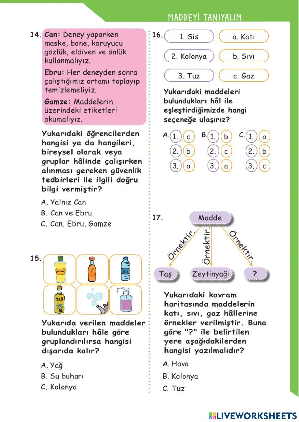 Fen Bilimleri 4. Ünite-Maddeyi Tanıyalım Ünite Testi