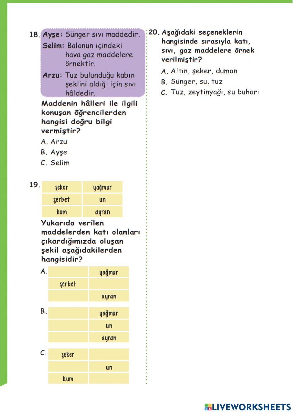 Fen Bilimleri 4. Ünite-Maddeyi Tanıyalım Ünite Testi