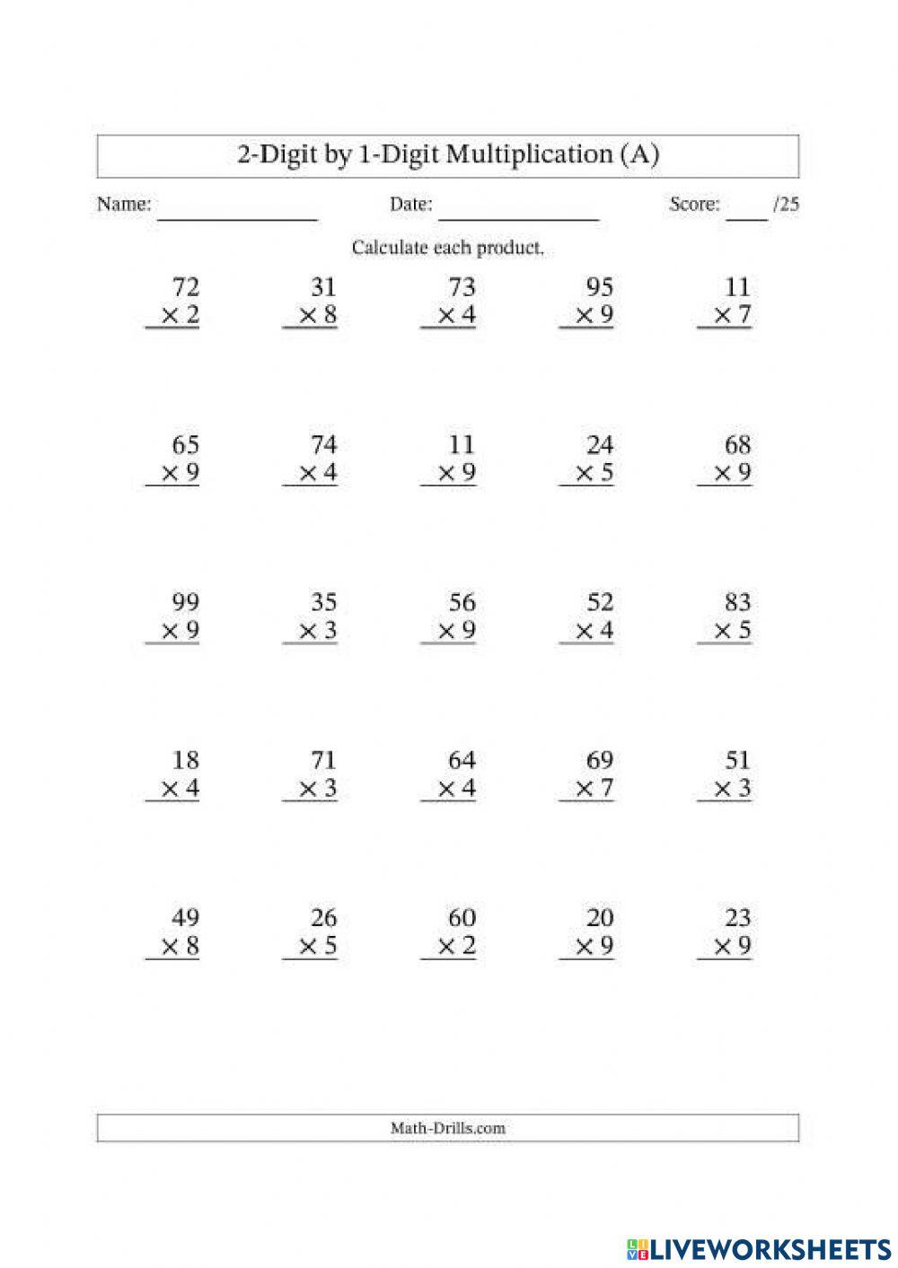 Multiplying 2 digits by single digit online exercise for live worksheets
