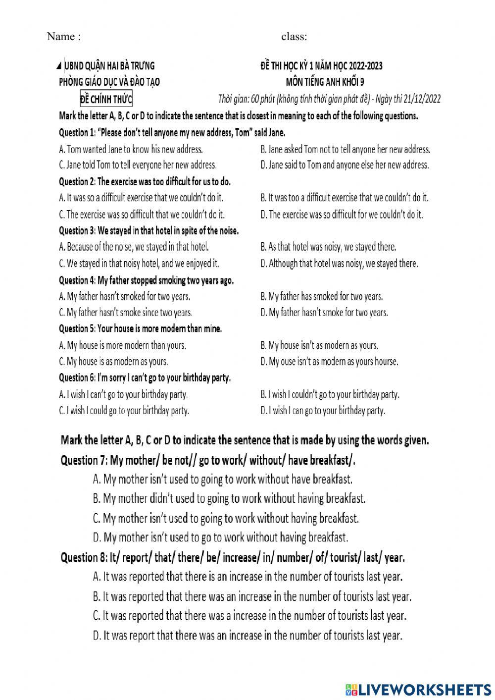 Đê Thi  học kỳ 1 lop 9 -Quan hai bà trưng ( 2022-2023)