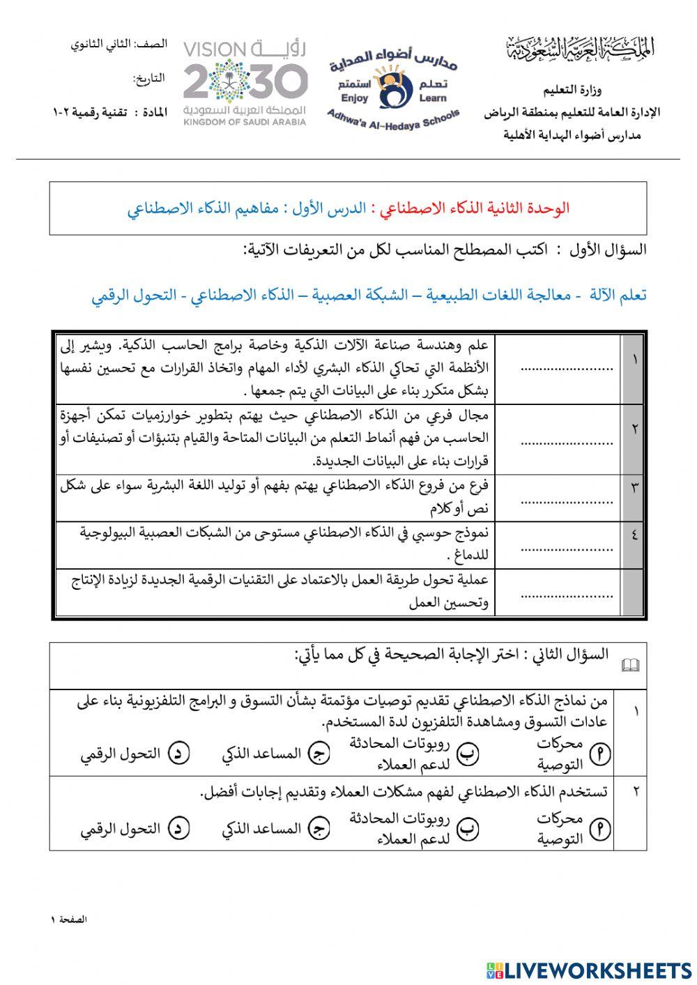 ‏‏‏‏‏‏تقنية رقمية 2-1 الوحدة الثانية الدرس الأول مفاهيم الذكاء الاصطناعي