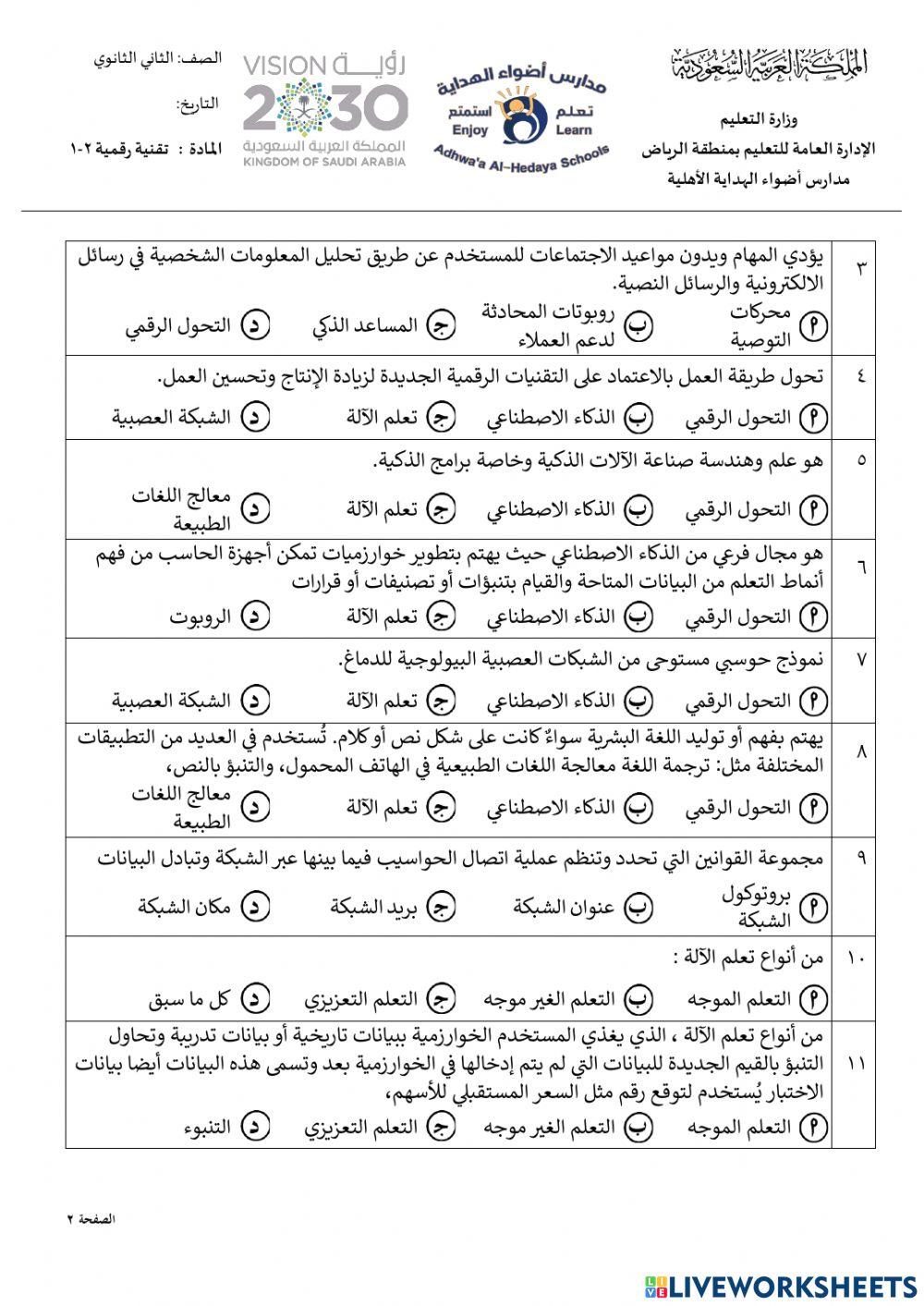 ‏‏‏‏‏‏تقنية رقمية 2-1 الوحدة الثانية الدرس الأول مفاهيم الذكاء الاصطناعي