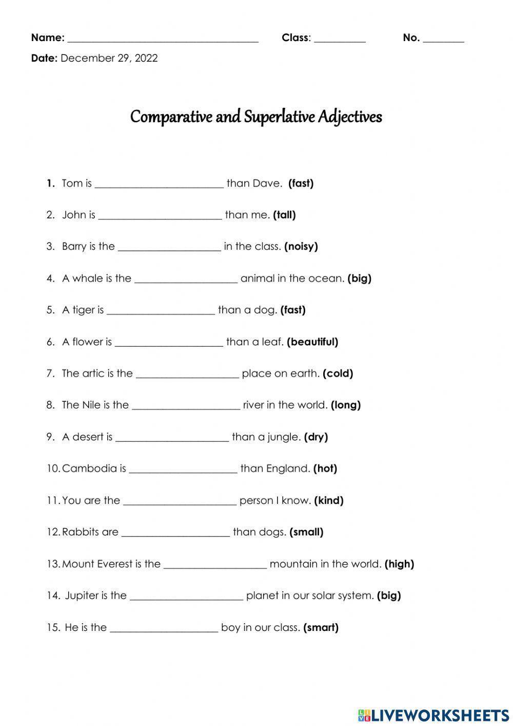 Comparative and Superlative Adjective Worksheet