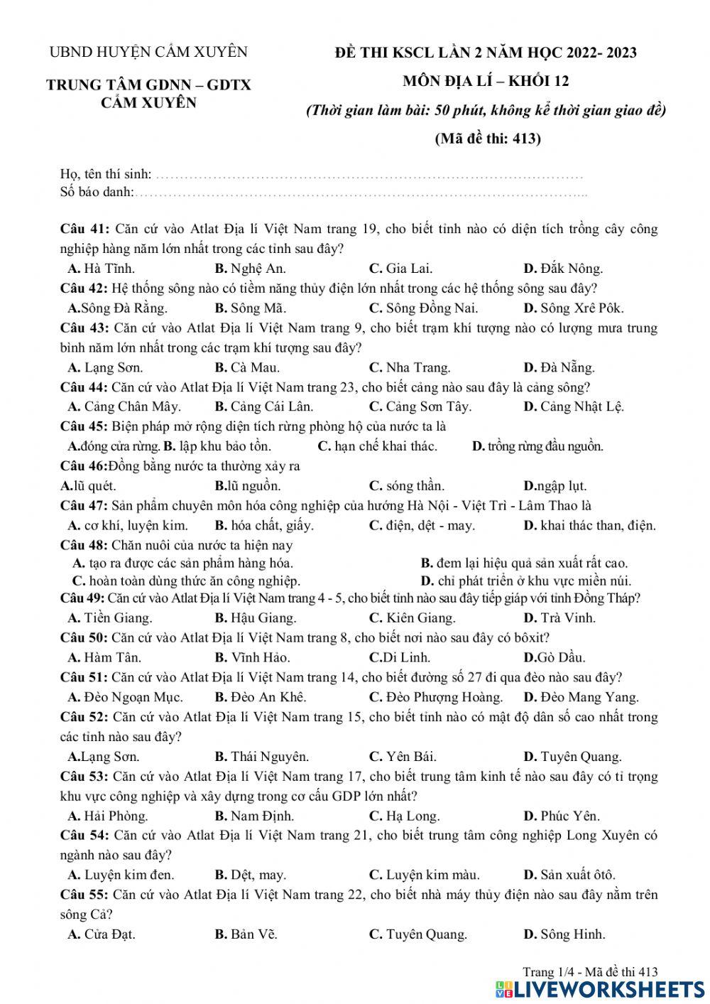 Thi khảo sát cuối kì i