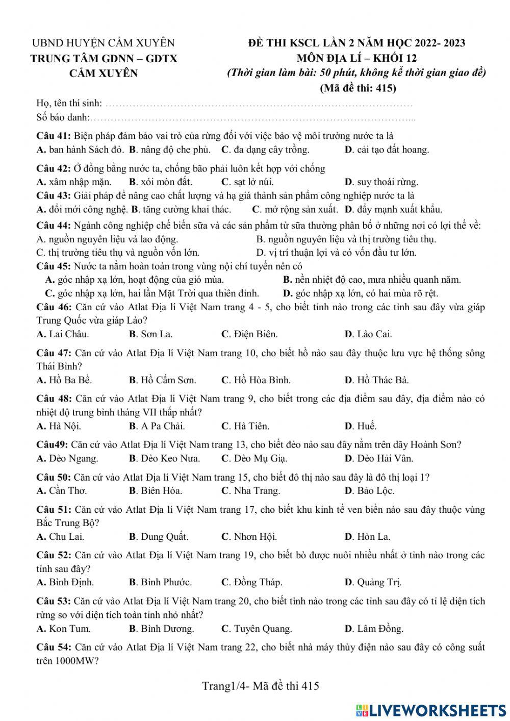 Khảo sát cuối kì 1