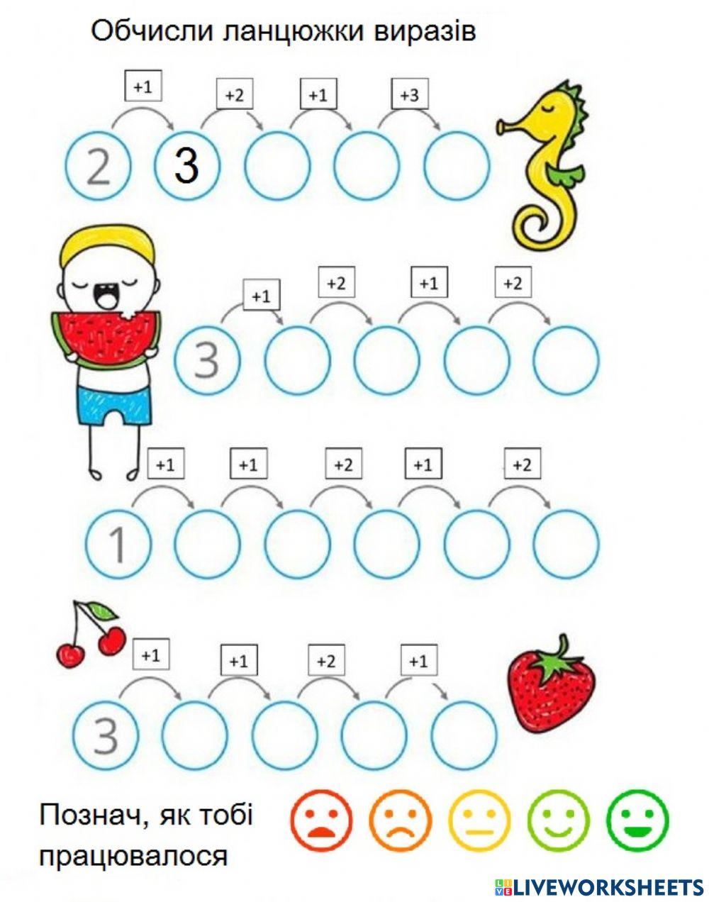Ланцюжки виразів. Додавання 1 і 2