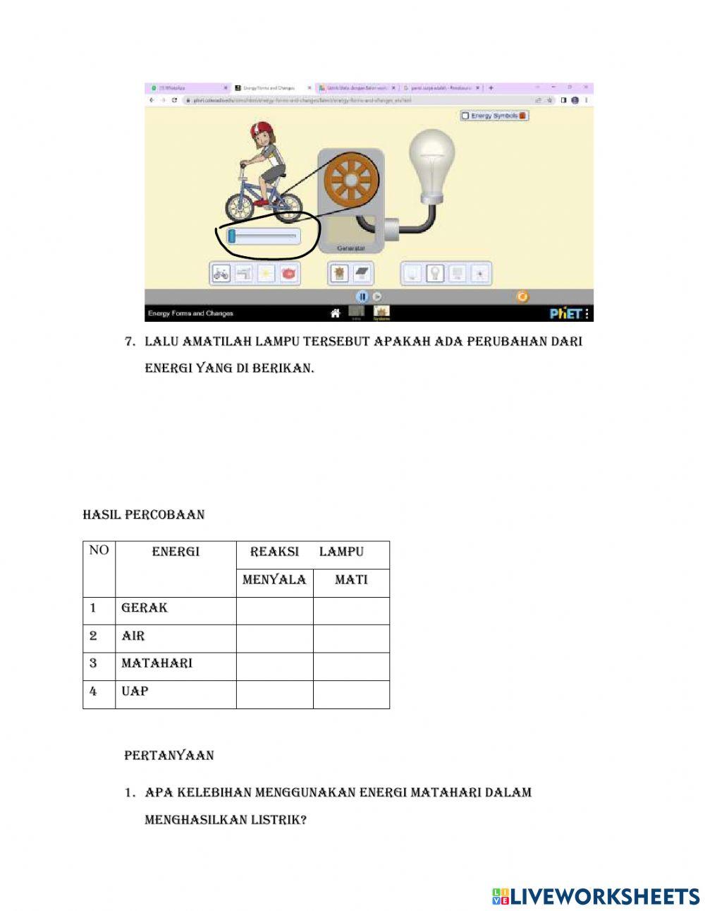 Meengubah energi air, surya, gerak, dan uap menjadi listrik