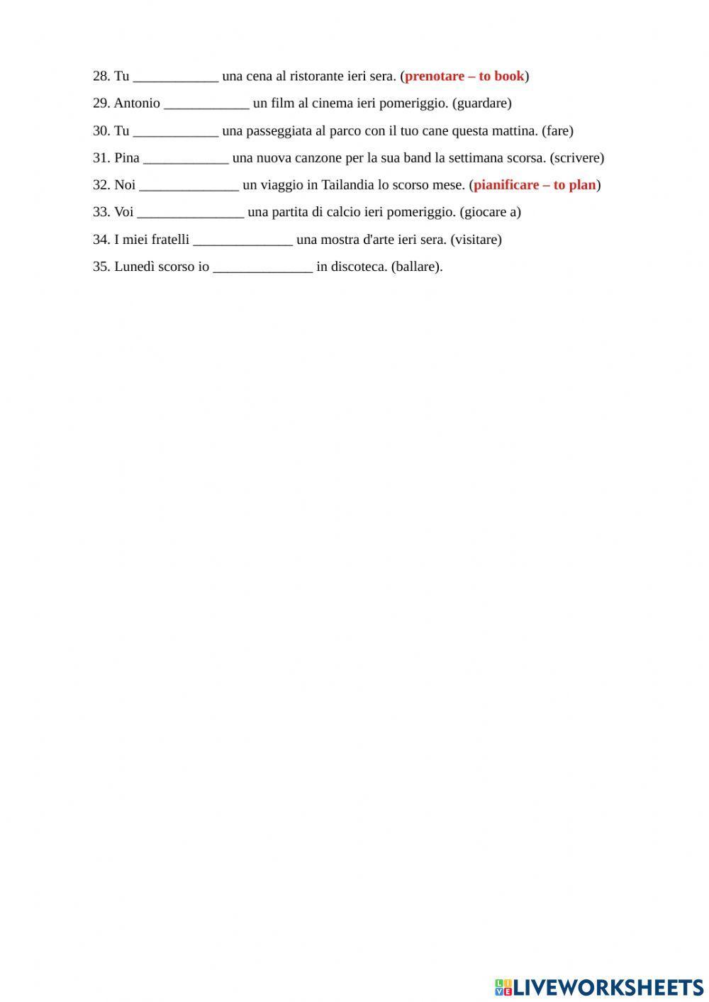 35 frasi - passato prossimo con avere