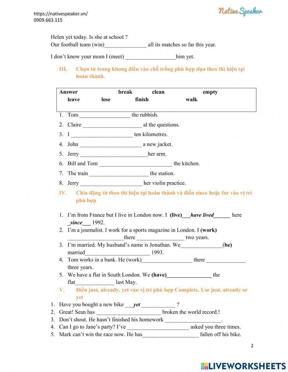 Thì hiện tại hoàn thành - present perfect tense