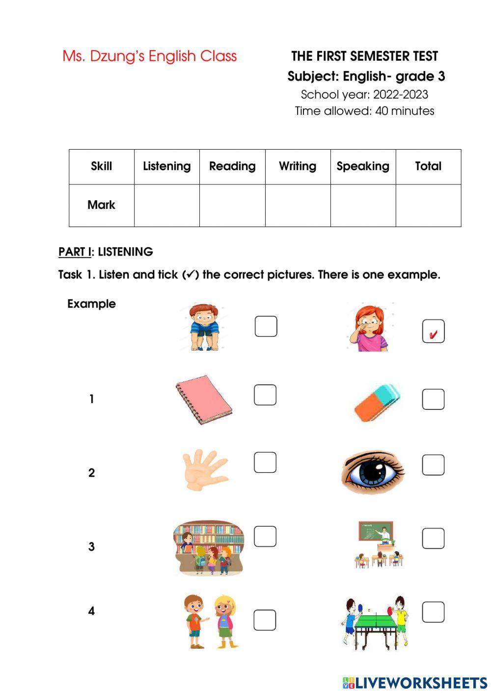 End of Term Test - Semester 1 - English 3 Global Success