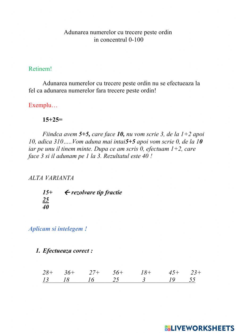 Adunarea numerelor in concentru 0-1000 cu trecere peste ordinul