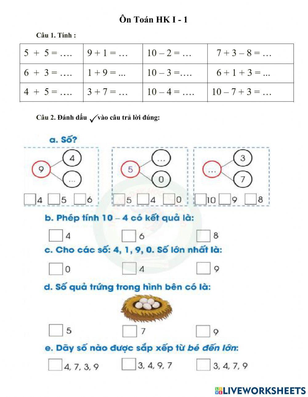 Ôn Toán HK 1 - lớp 1