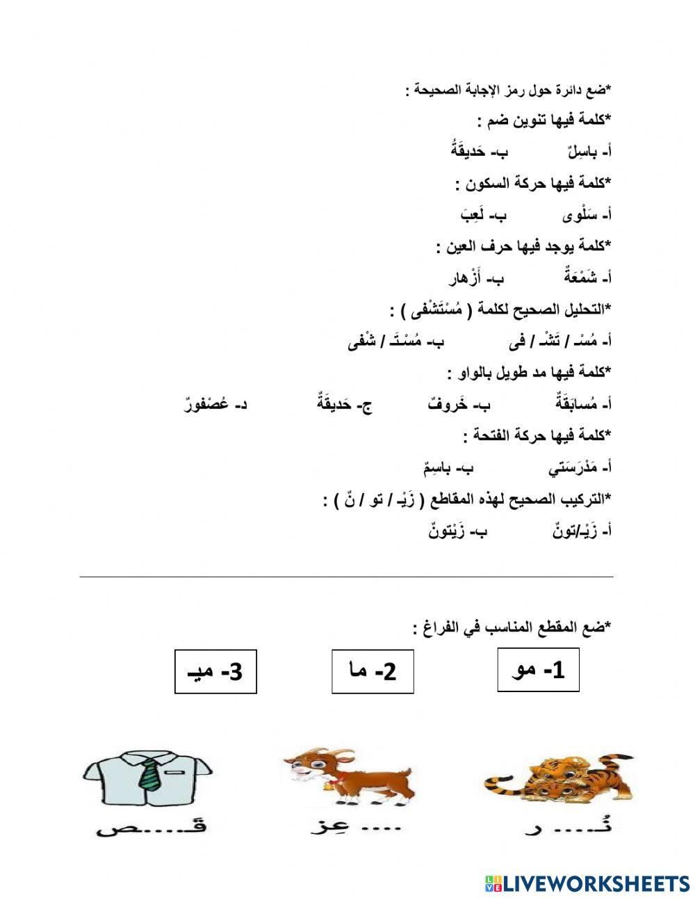 ورقة عمل تفاعلية للغة العربية