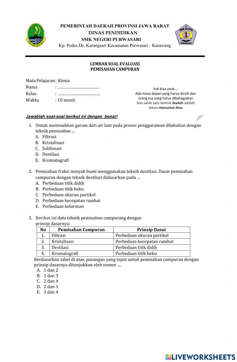 Soal Evaluasi Pemisahan Campuran