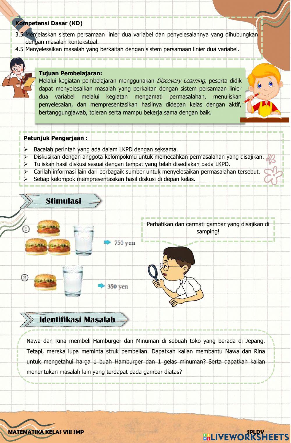 LKPD Materi Sistem Persamaan Linier Dua Variabel Kelas VIII dengan Model Pembelajaran Discovery Learning