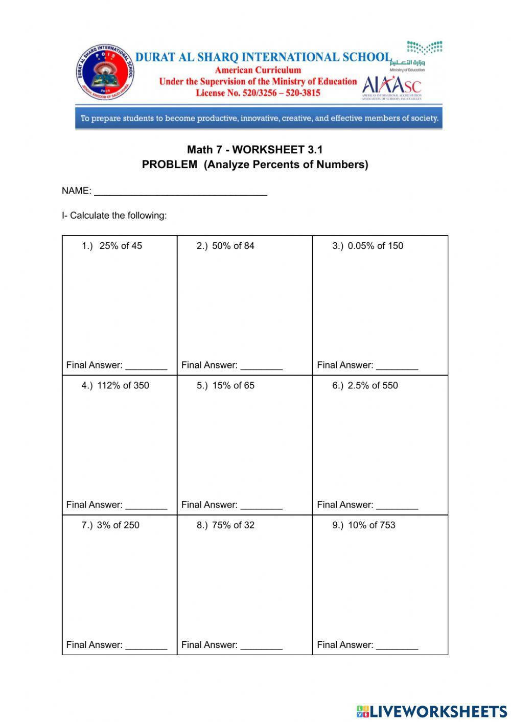 Grade 7- Percent worksheet 3.1 online exercise for | Live Worksheets