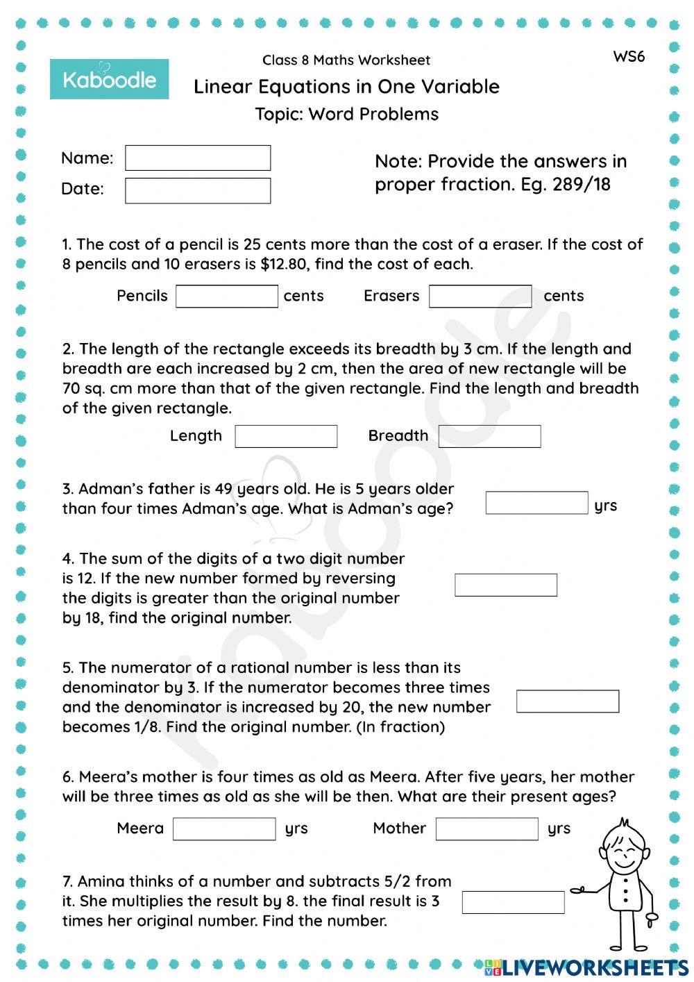 Linear Equations in One Variable (Word Problems) online worksheet