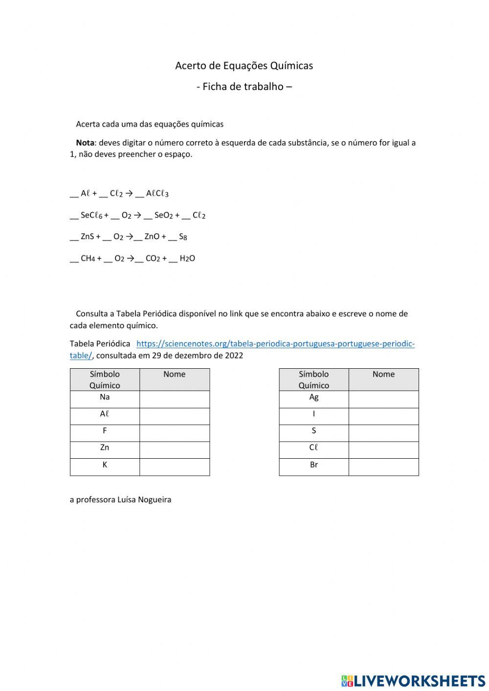 Acerto de Equações Químicas