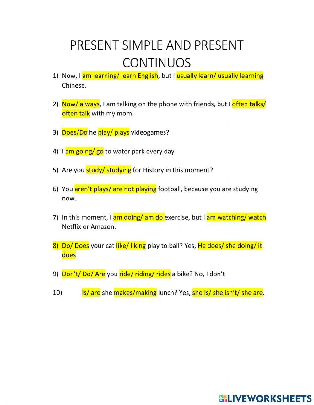 ACTIVIDADES PARA LUCAS, PRESENT SIMPLE AND PRESENT CONTINUOS