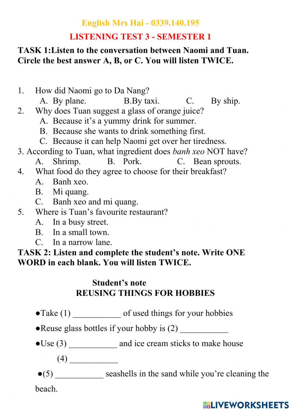 Tiếng Anh 7 - Listening Test 3 - cuối kì 1