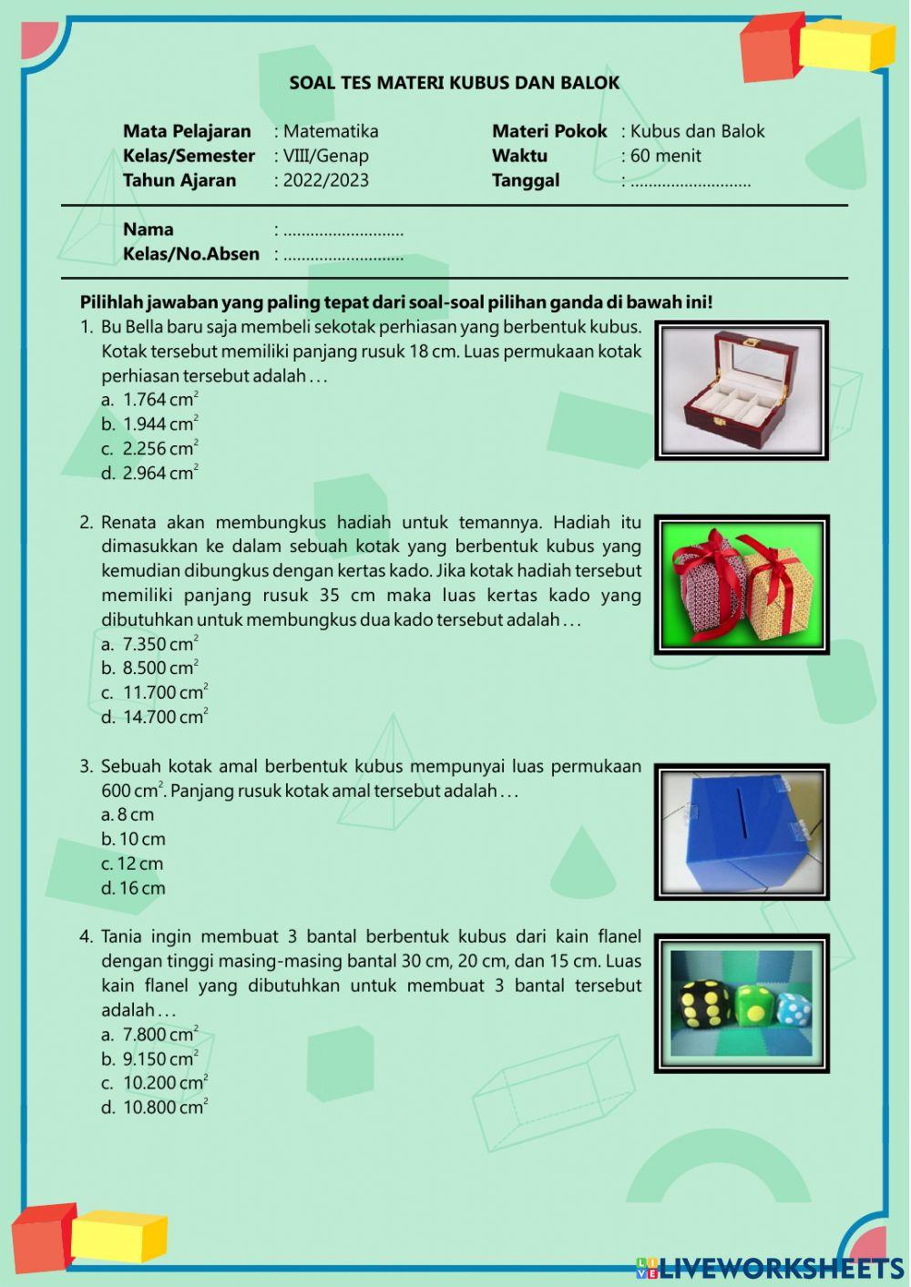 Soal Tes Materi Kubus dan Balok Terbaru 031222