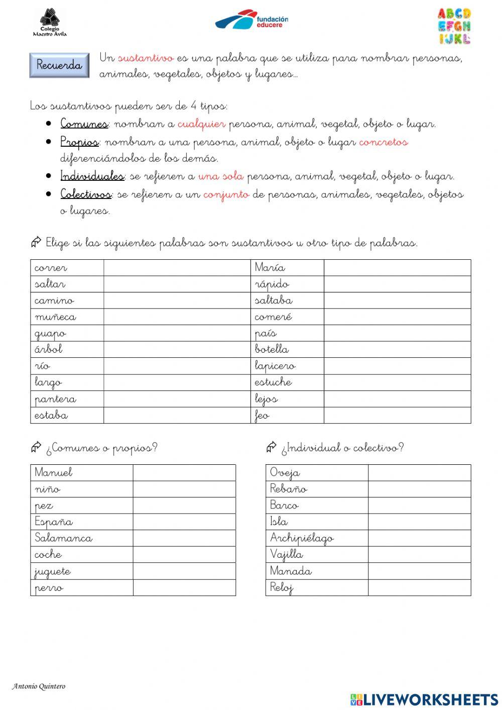 Sustantivos y tipos worksheet | Live Worksheets